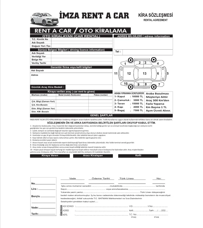 Rent a Car Kira Sözleşmesi